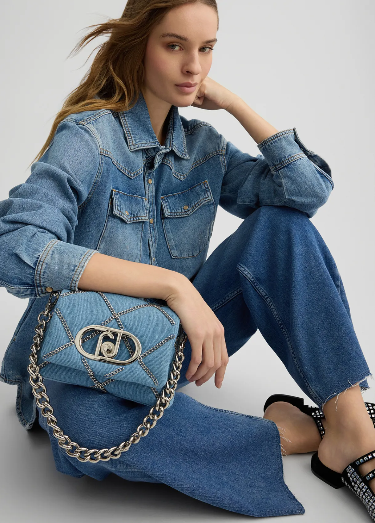 Liu Jo Sac petit format LaPuffy en toile denim avec chaînes|Femme Sac Bandoulière|Lapuffy